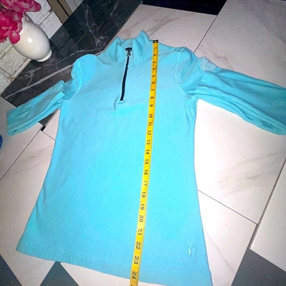 Women’s Golfino Wool Pullover Top Tech 1/4 Zip Size Medium Silver Logo Aqua Blue - Picture 12 of 16